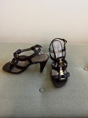 Calvin Klein Dark Brown Strappy High Heel Sandals with Gold Accents